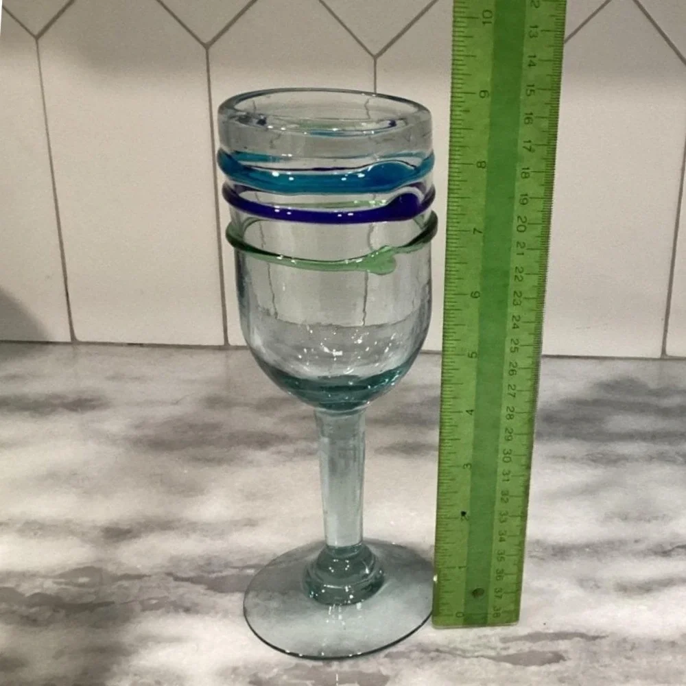 Pier 1 Imports Water Goblets, Set‎ of 2, Vintage Hand Blown Multicolor Rings